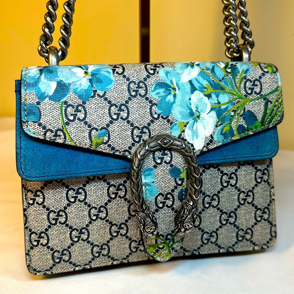 COA Gucci GG Dionysus Rare Supreme Blooms Cobalt Blue Square Flap,  Dustbag